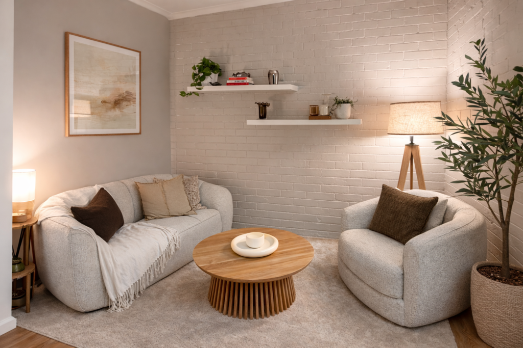 A cozy living room with a light sofa and armchair, neutral throw pillows, a round wooden coffee table, tripod floor lamp, wall art, floating shelves with decor—perfect for Counselling Boronia clients—and a potted plant on a soft rug.
